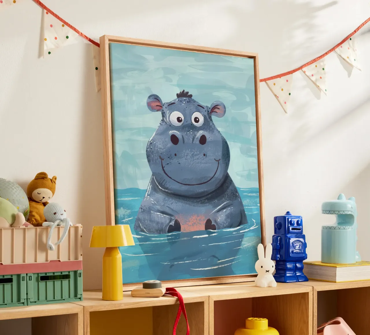 Ippopotamo felice che si gode un momento di gioco nell'acqua limpida tela con Cornice a cassetta da DesignDoodle