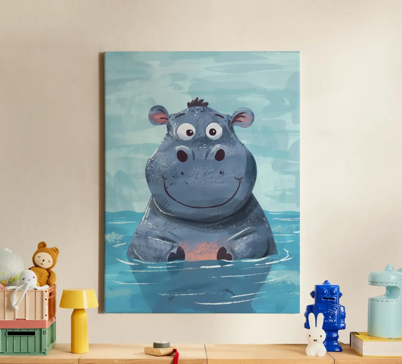 Ippopotamo felice che si gode un momento di gioco nell'acqua limpida tela con Cornice a cassetta da DesignDoodle