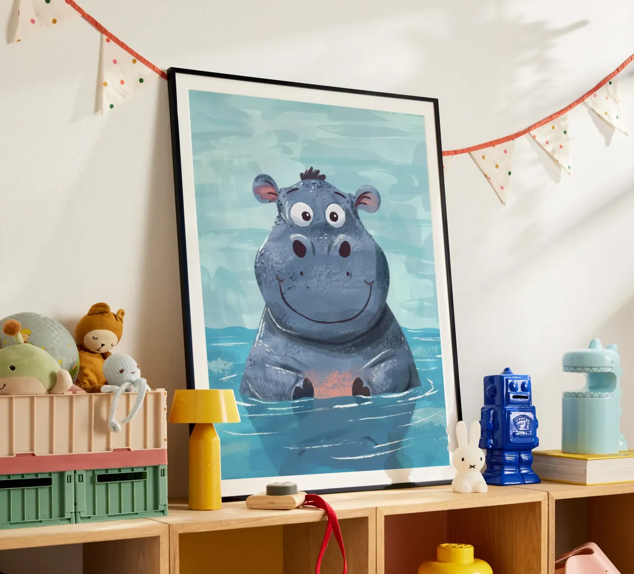 Ippopotamo felice che si gode un momento di gioco nell'acqua limpida poster con telaio in plastica da DesignDoodle