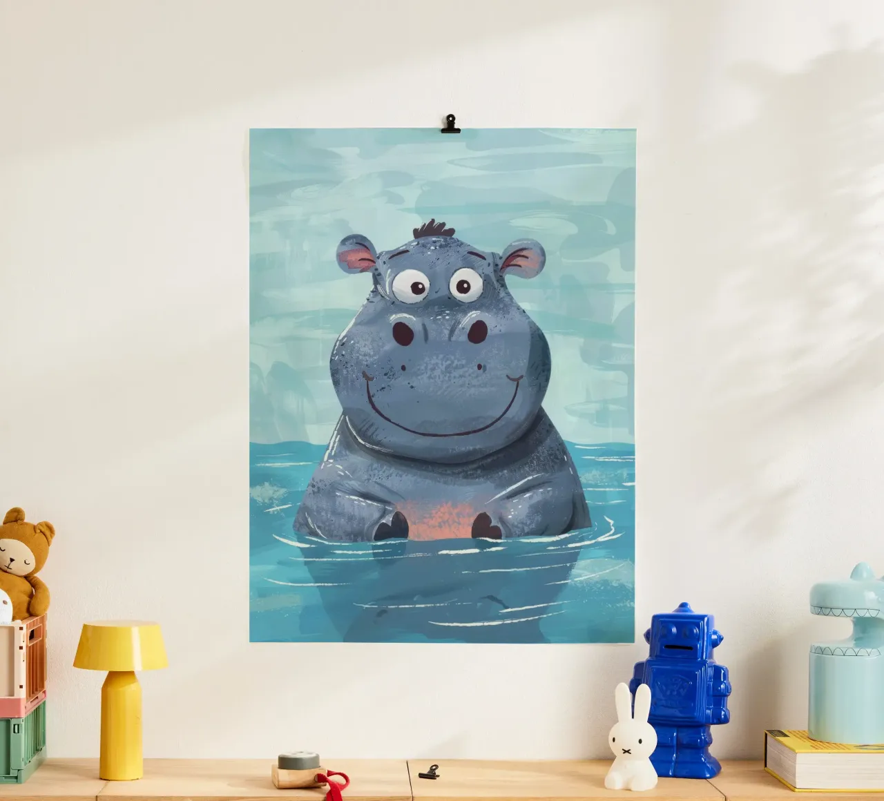Ippopotamo felice che si gode un momento di gioco nell'acqua limpida poster con telaio in plastica da DesignDoodle