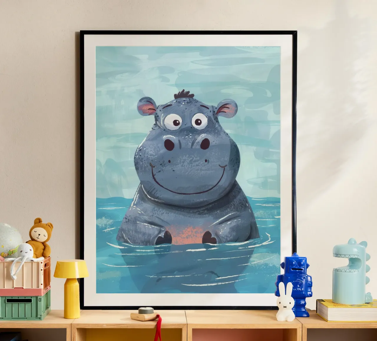 Ippopotamo felice che si gode un momento di gioco nell'acqua limpida poster con telaio in plastica da DesignDoodle