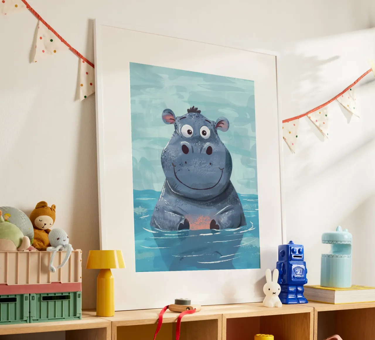 Ippopotamo felice che si gode un momento di gioco nell'acqua limpida poster con telaio in plastica da DesignDoodle