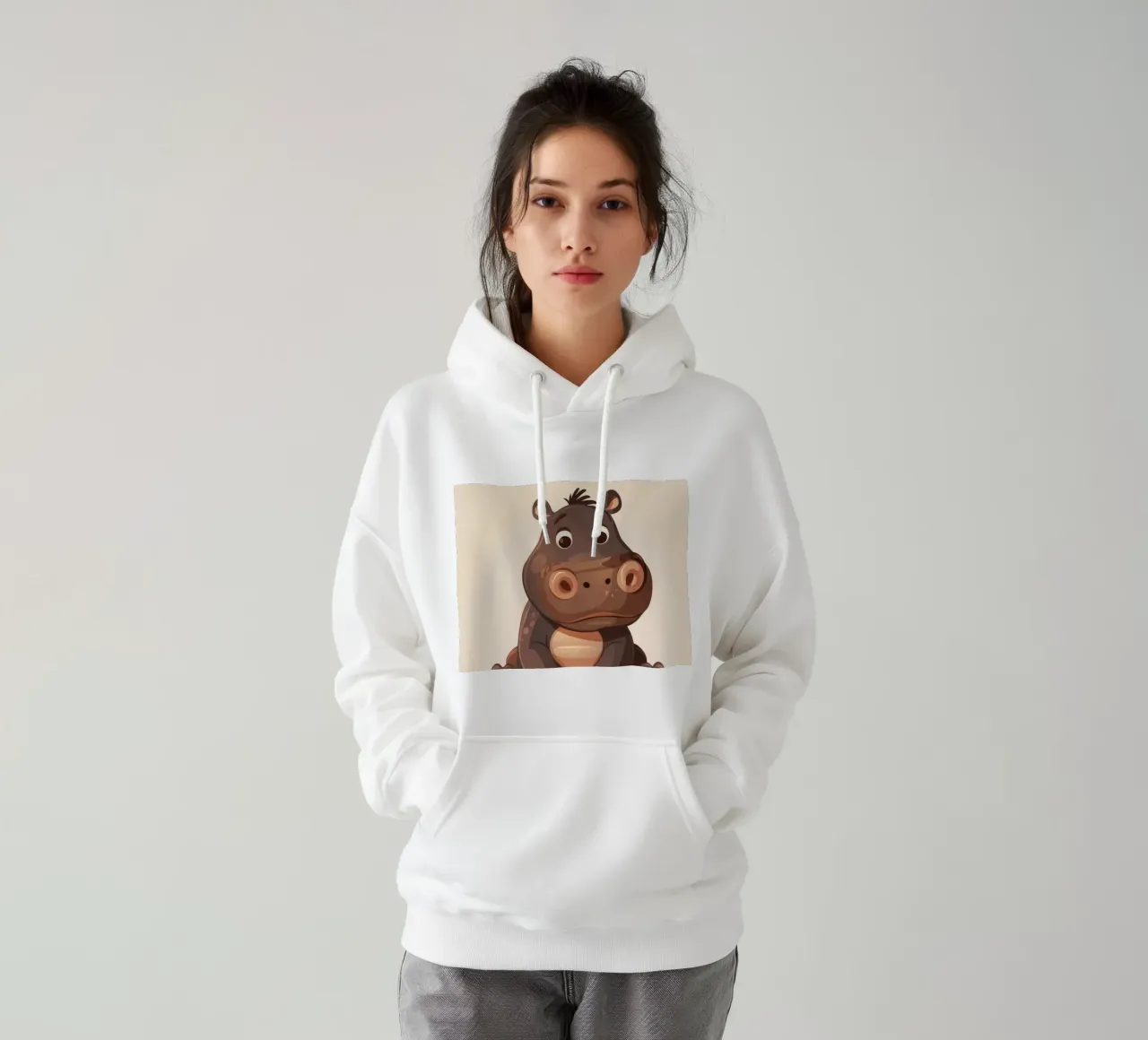 Simpatico ippopotamo dei cartoni animati seduto con espressione tranquilla, felpa con cappuccio da DesignDoodle
