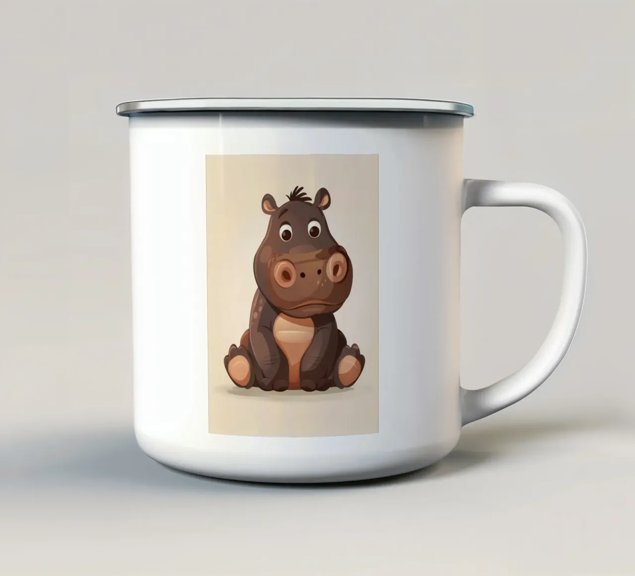 Simpatico ippopotamo dei cartoni animati seduto con espressione tranquilla, tazza in smalto da DesignDoodle
