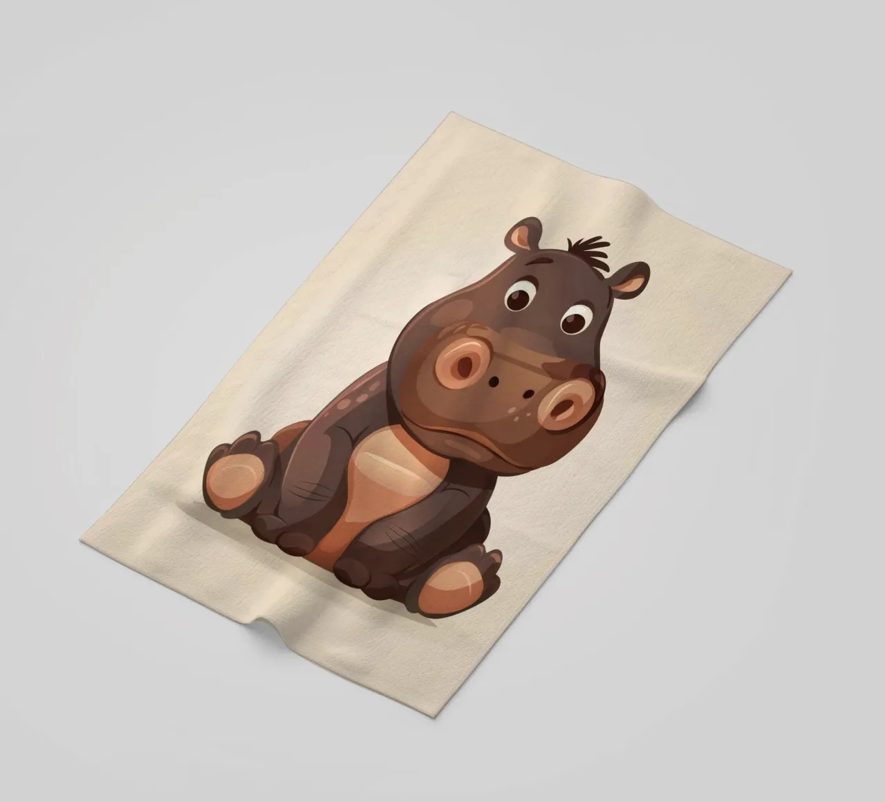 Simpatico ippopotamo dei cartoni animati seduto con espressione tranquilla, telo mare da DesignDoodle