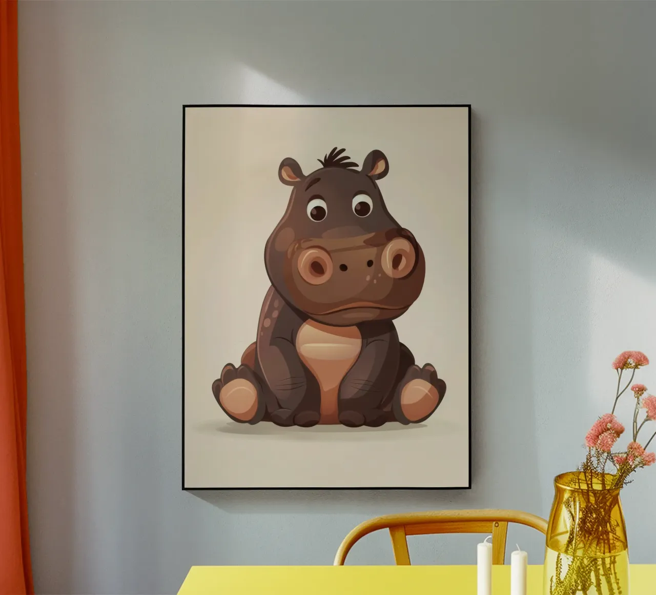 Cute cartoon hippo sitting calmly with a gentle expression, acrylic glass by DesignDoodle