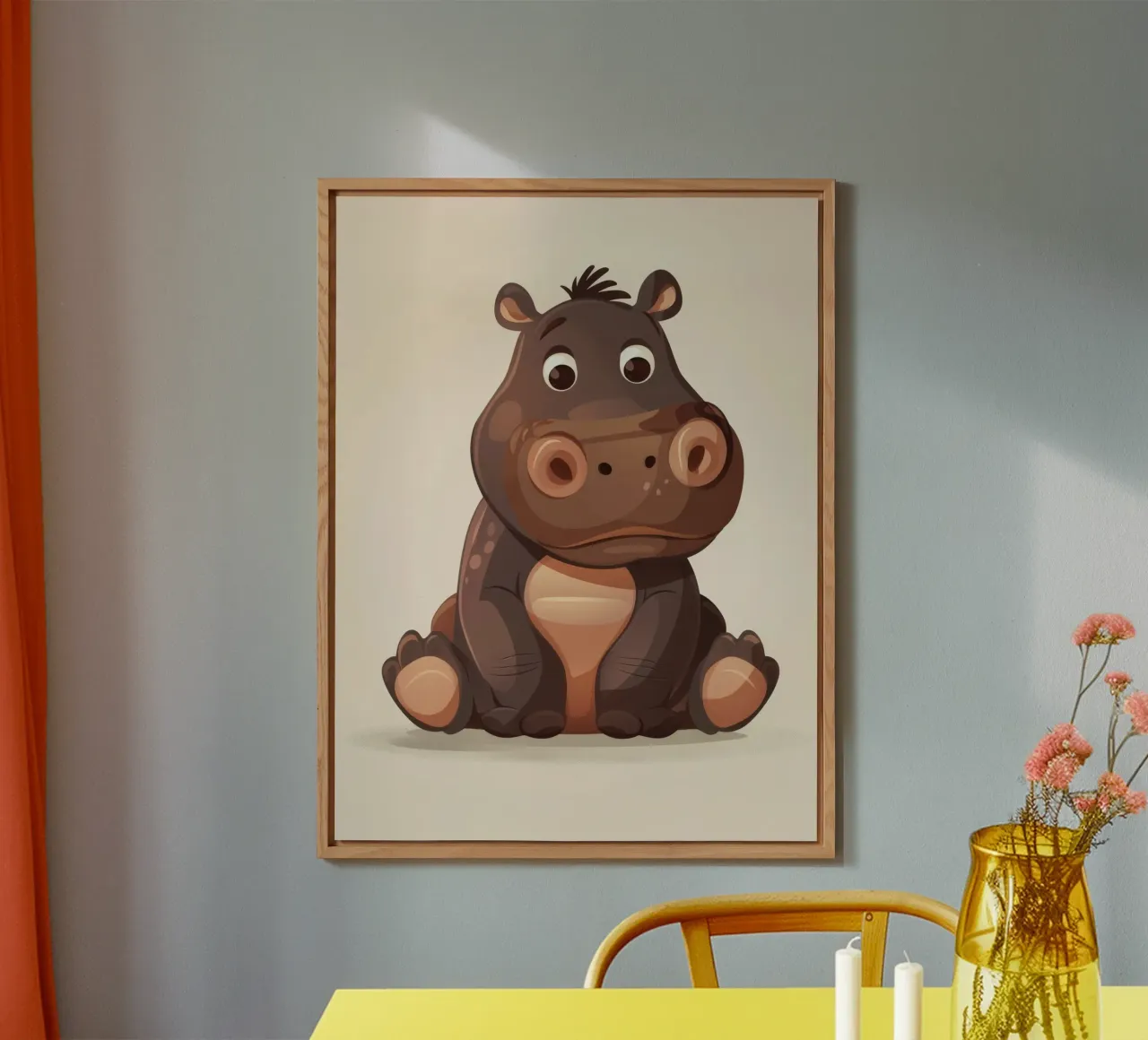 Simpatico ippopotamo dei cartoni animati seduto con espressione tranquilla, alluminio dibond da DesignDoodle