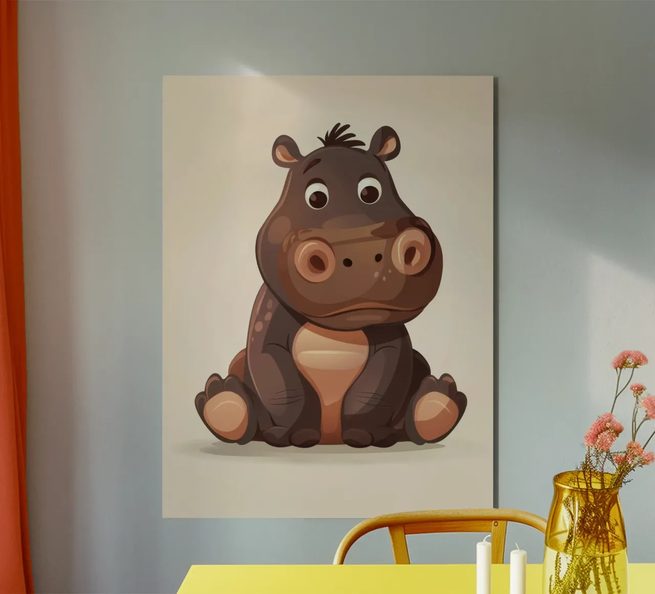 Simpatico ippopotamo dei cartoni animati seduto con espressione tranquilla, alluminio dibond da DesignDoodle