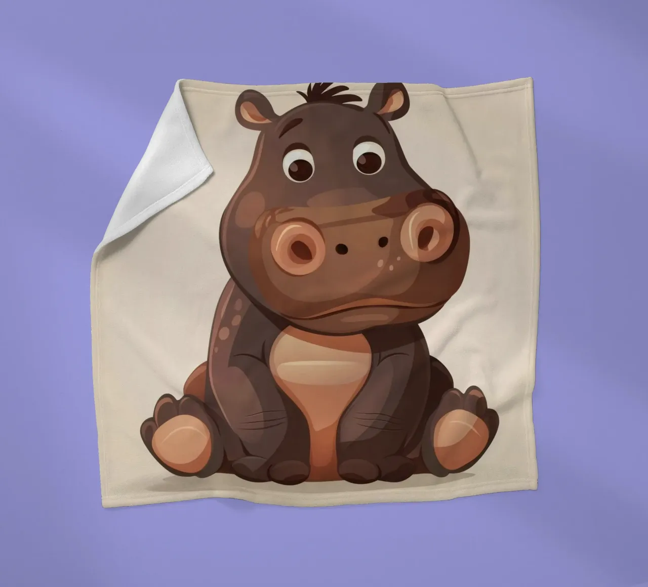 Simpatico ippopotamo dei cartoni animati seduto con espressione tranquilla, coperta in pile da DesignDoodle