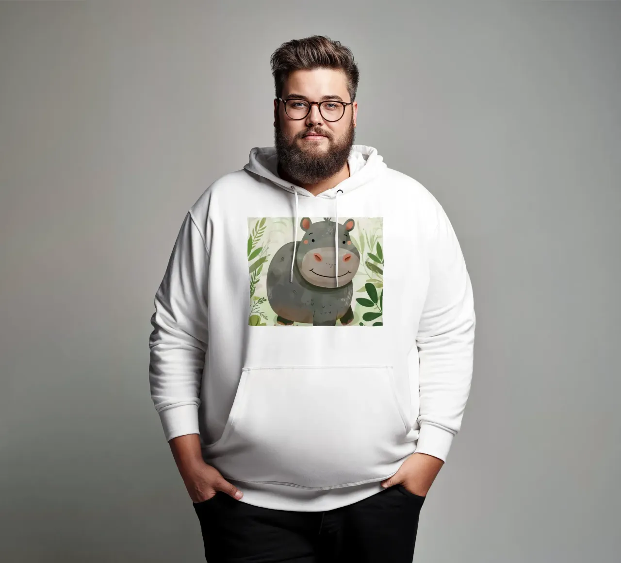Allegro ippopotamo animato circondato da foglie felpa con cappuccio da DesignDoodle