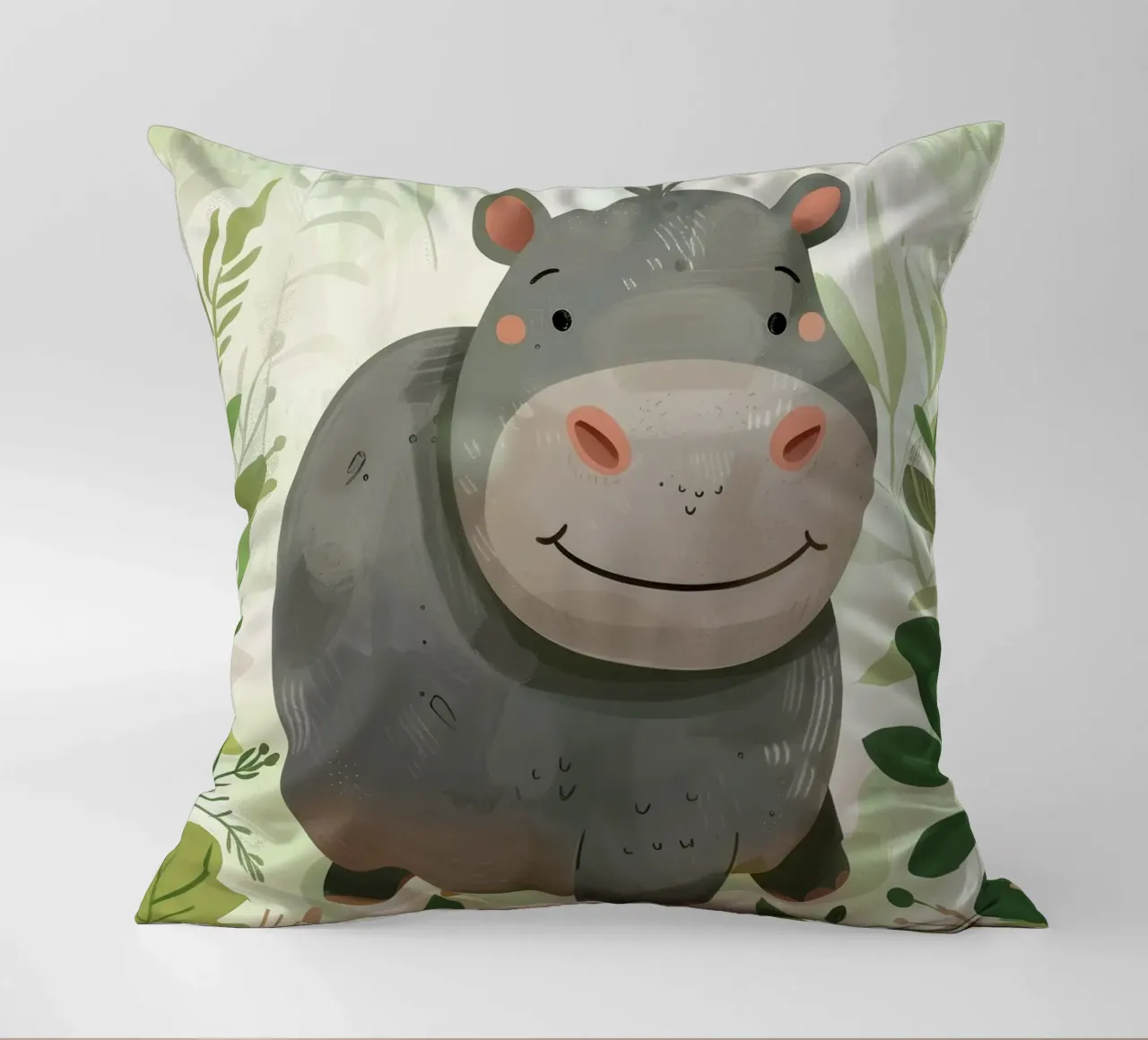 Allegro ippopotamo animato circondato da foglie cuscino da DesignDoodle