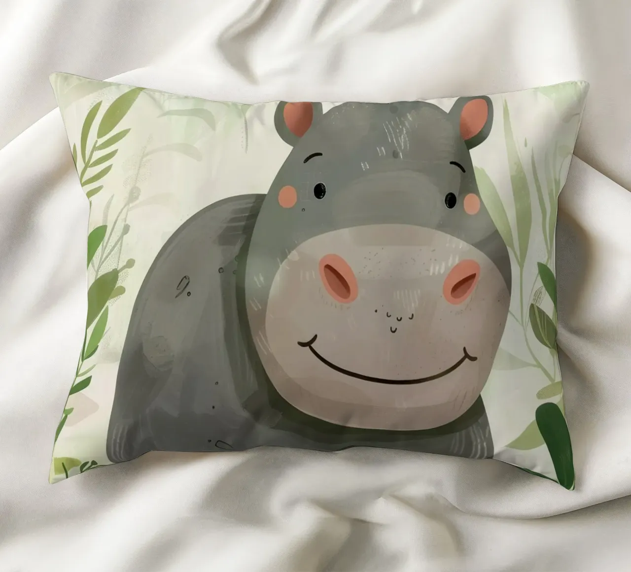 Allegro ippopotamo animato circondato da foglie cuscino da DesignDoodle
