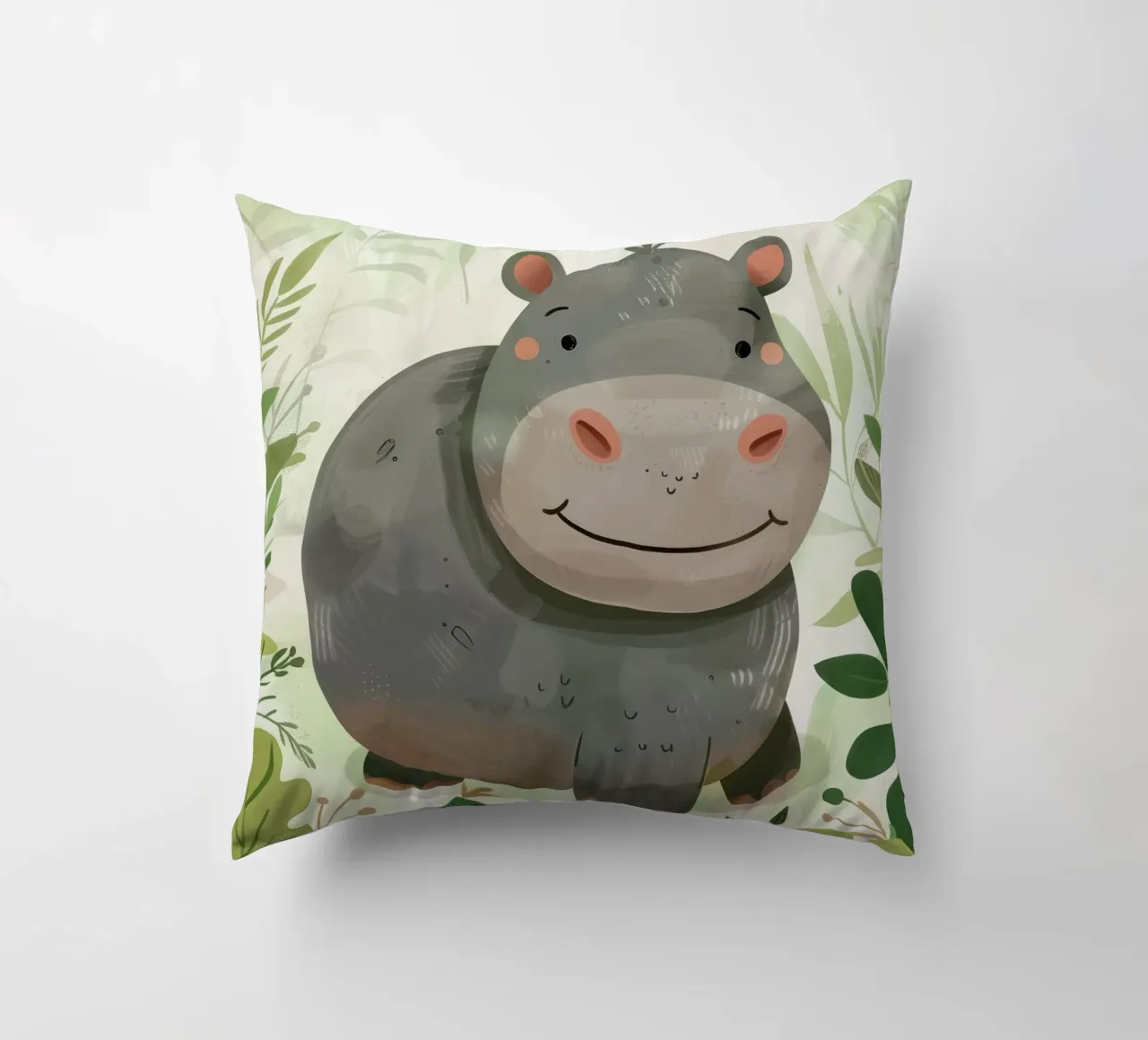 Allegro ippopotamo animato circondato da foglie cuscino da DesignDoodle