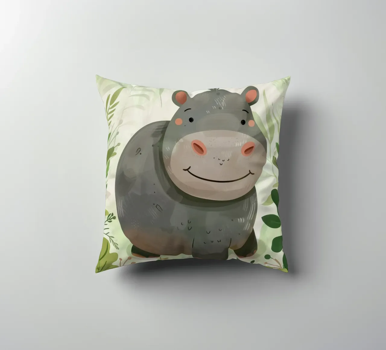 Allegro ippopotamo animato circondato da foglie cuscino da DesignDoodle
