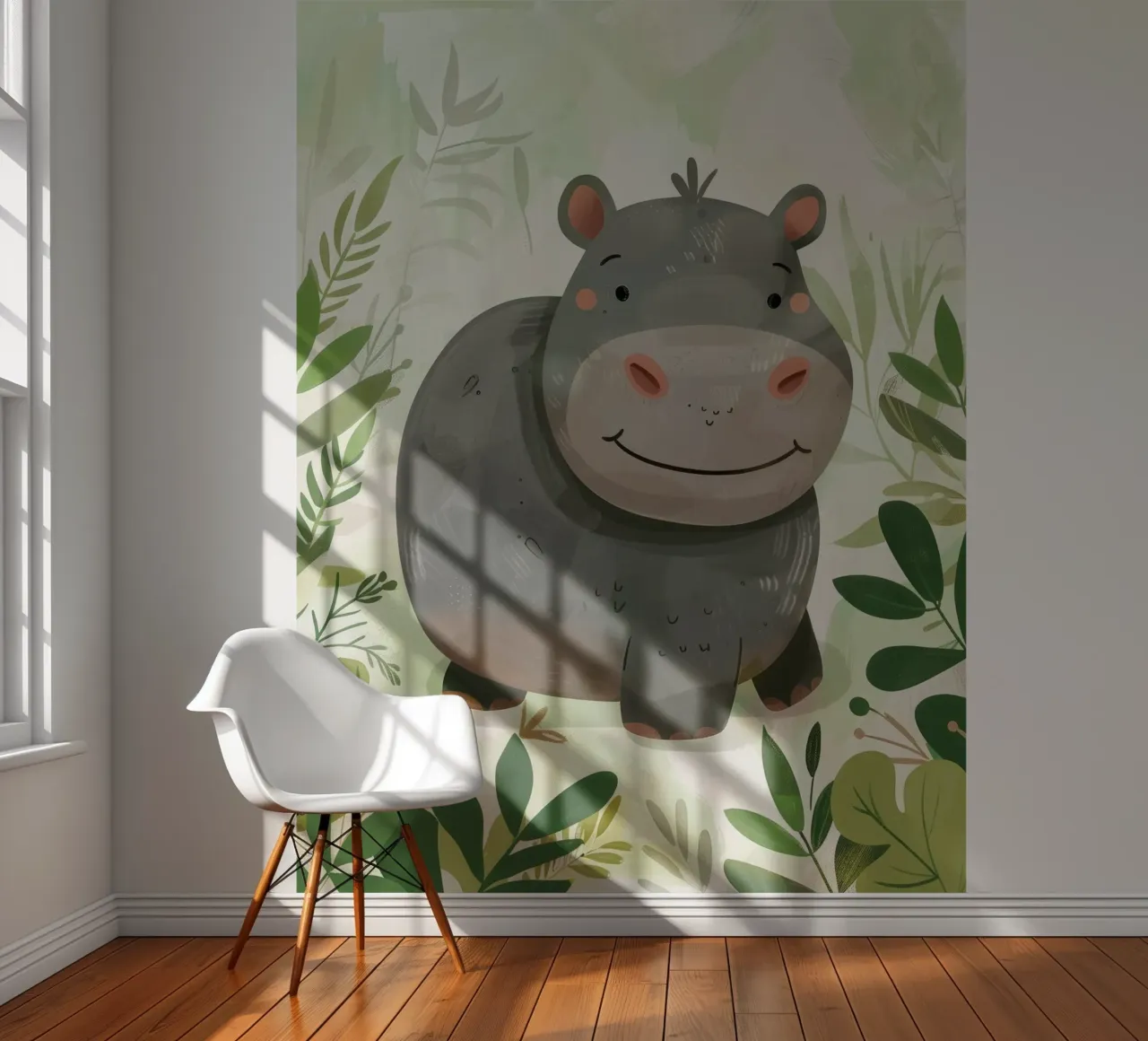 Cheerful animated hippopotamus surrounded by leaves photo wallpaper by DesignDoodle