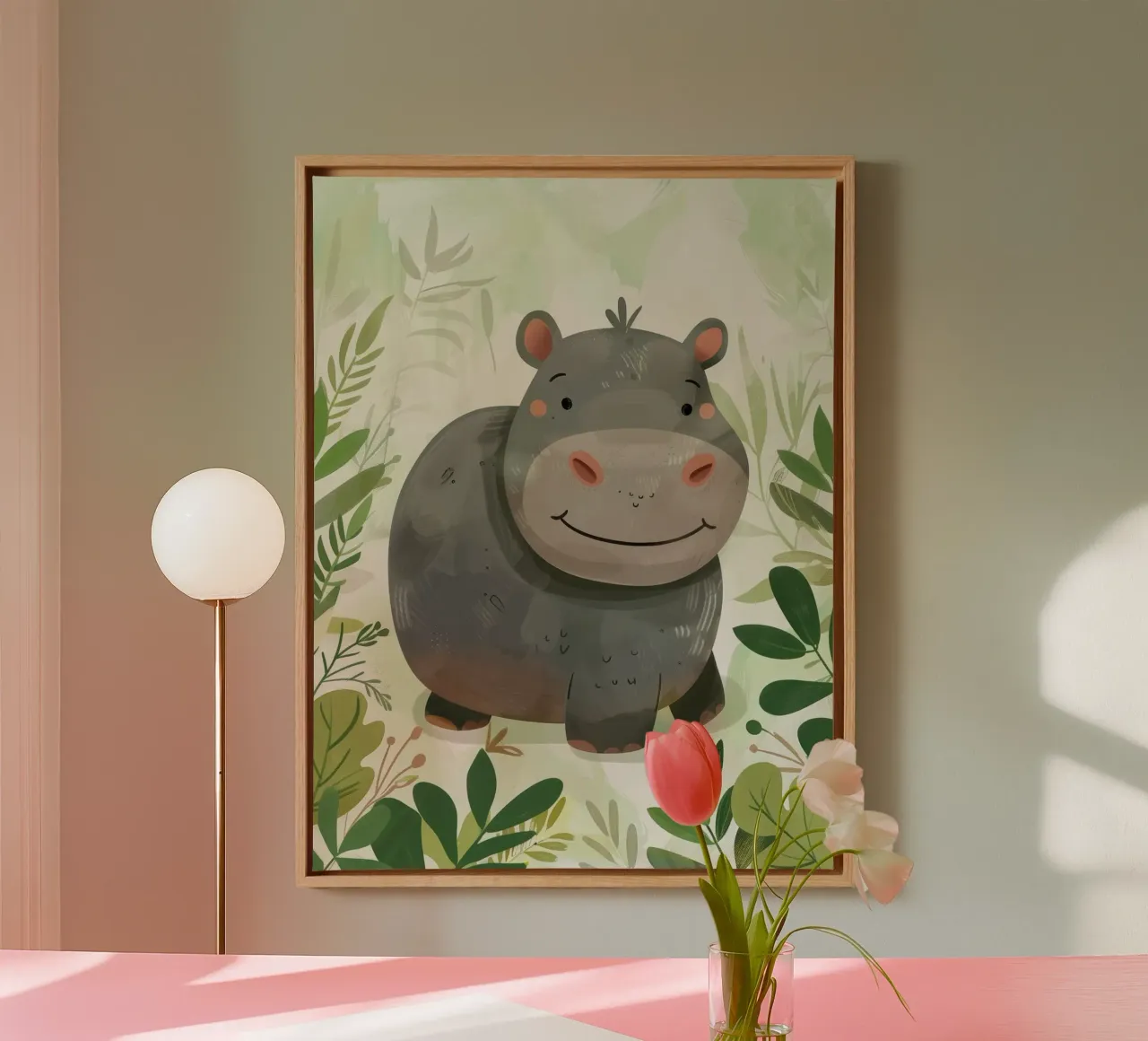 Cheerful animated hippopotamus surrounded by leaves canvas by DesignDoodle