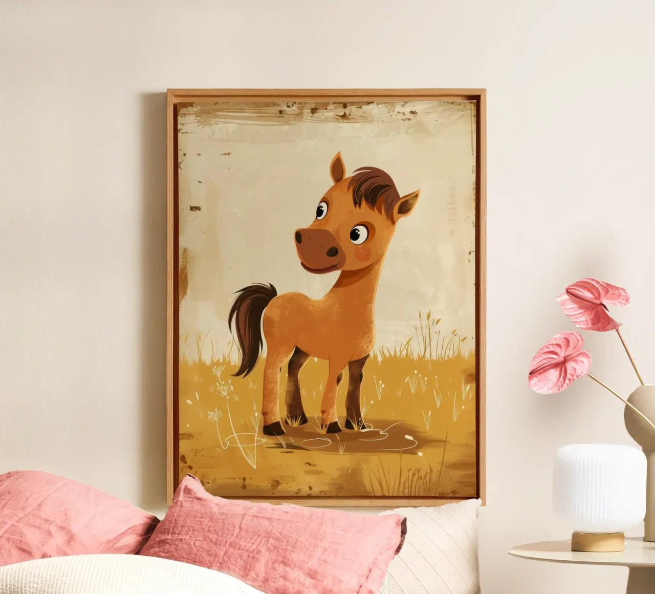 Lindo pony marrón de dibujos animados de pie en un campo cubierto de hierba lienzo con Marco flotante de DesignDoodle