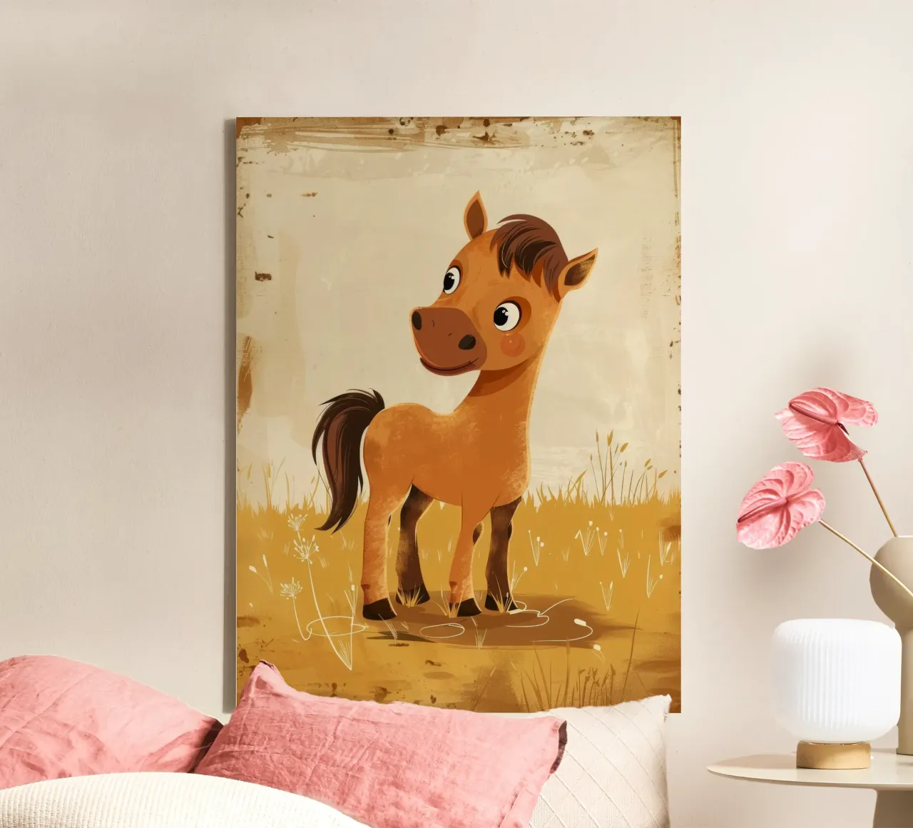 Lindo pony marrón de dibujos animados de pie en un campo cubierto de hierba lienzo con Marco flotante de DesignDoodle