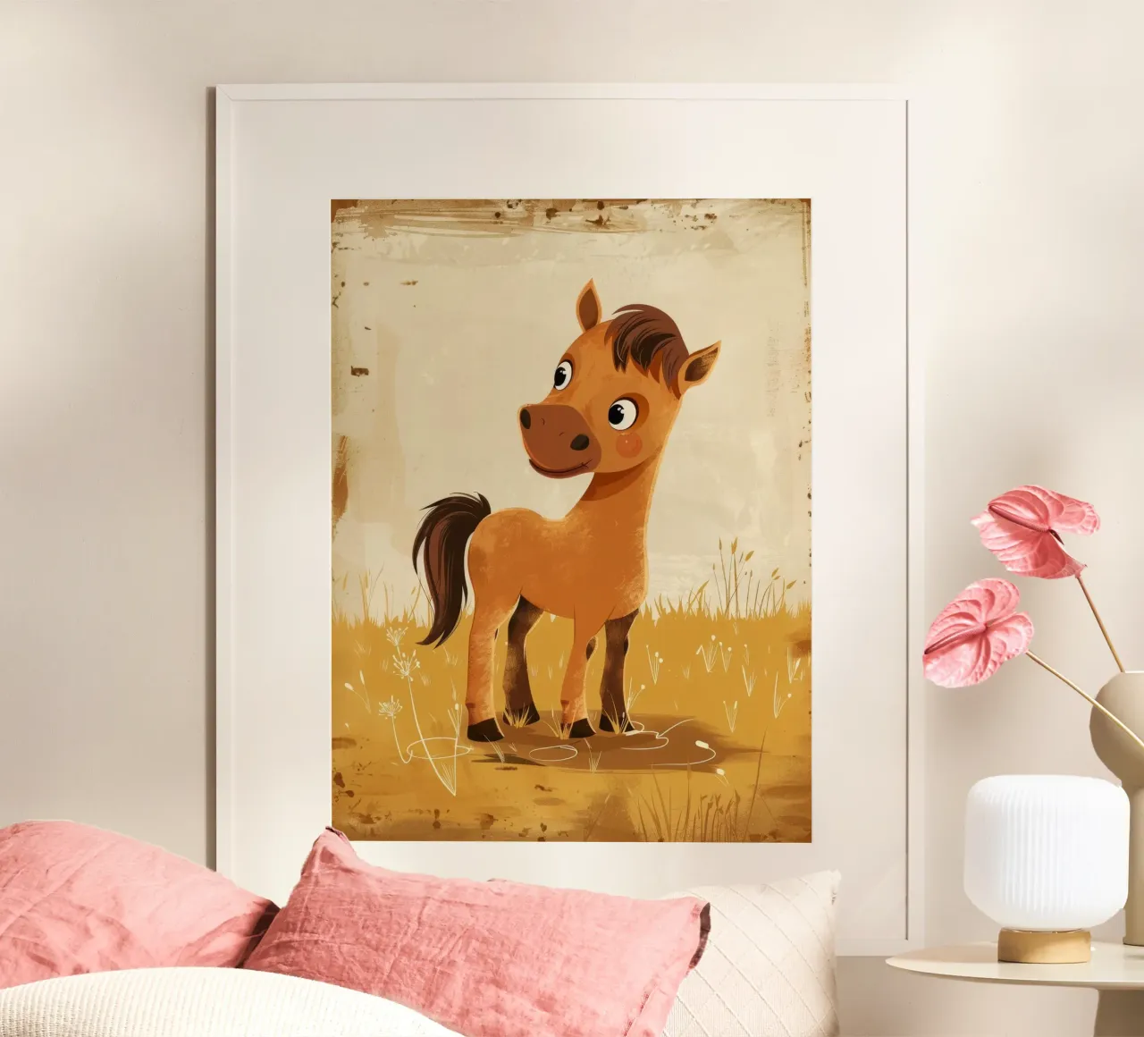 Lindo pony marrón de dibujos animados de pie en un campo cubierto de hierba poster de DesignDoodle