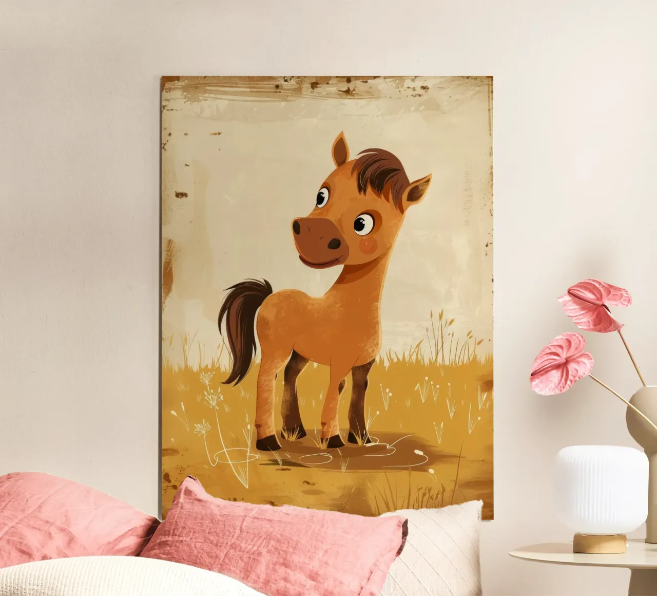 Lindo pony marrón de dibujos animados de pie en un campo cubierto de hierba poster de DesignDoodle
