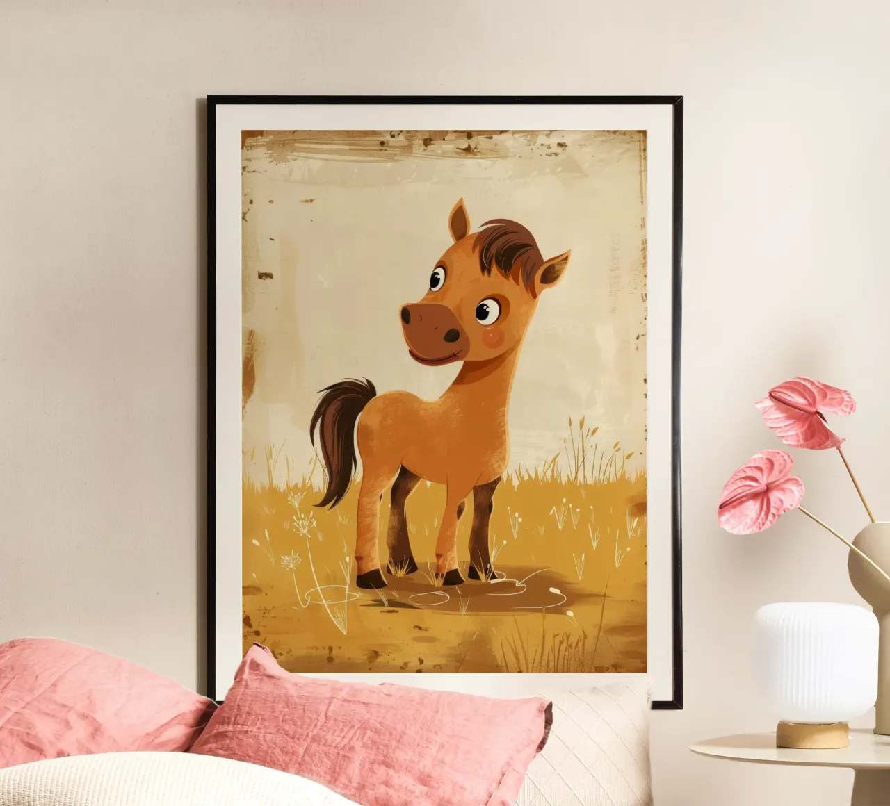 Lindo pony marrón de dibujos animados de pie en un campo cubierto de hierba poster de DesignDoodle