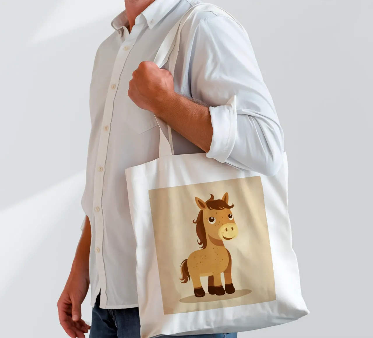 Cute cartoon horse with a friendly face standing tote bag by DesignDoodle