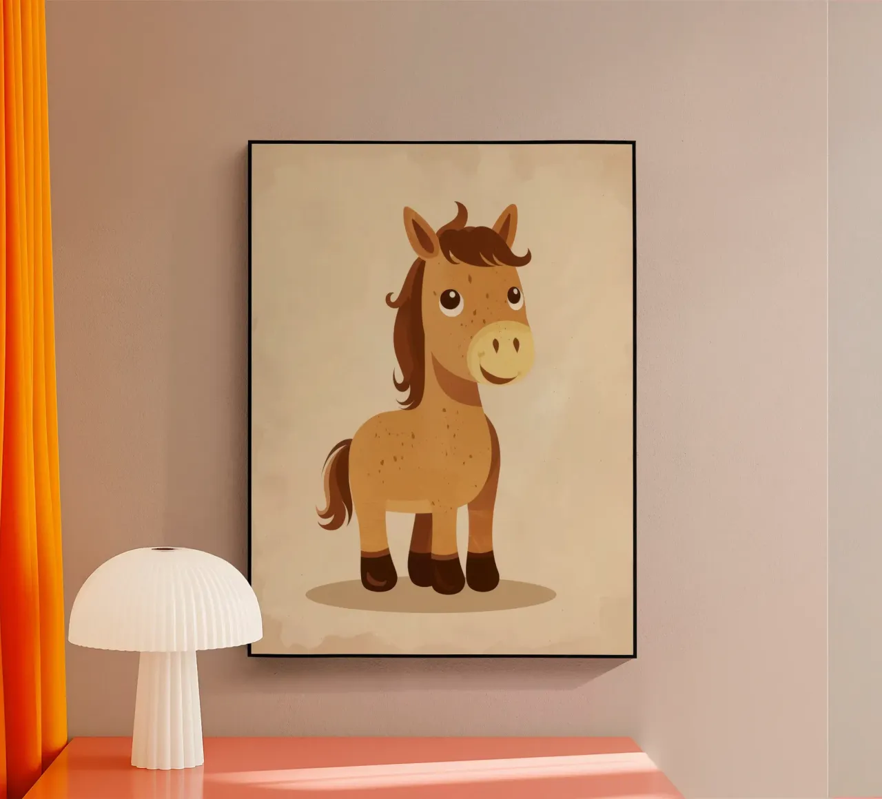 Simpatico cavallo dei cartoni animati con una faccia amichevole in piedi plexiglass da DesignDoodle