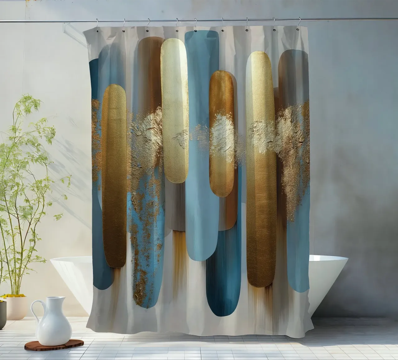 Forme astratte con blu e oro tenda da doccia da Pictura