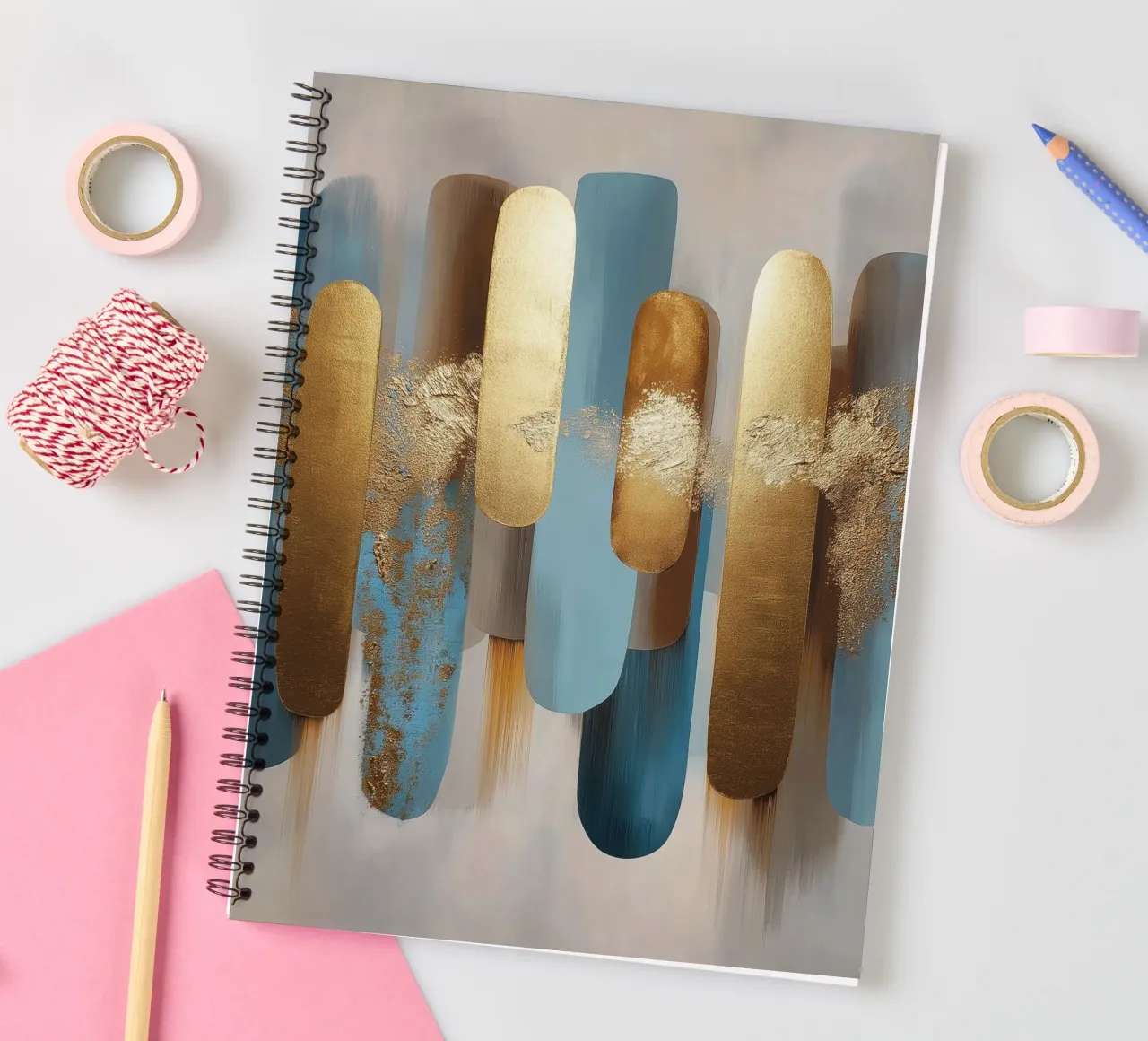 Abstract shapes with blue and gold spiral notebook by Pictura