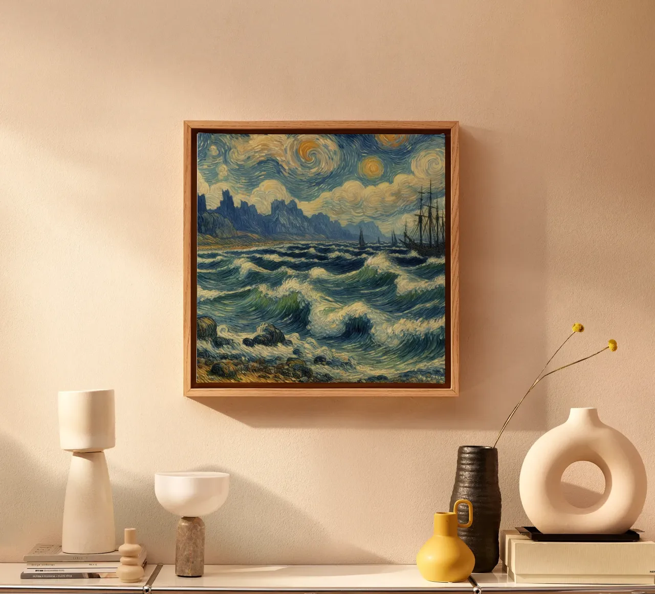 de boot voer op grote golven canvas met Baklijst van Piper Shop Oke