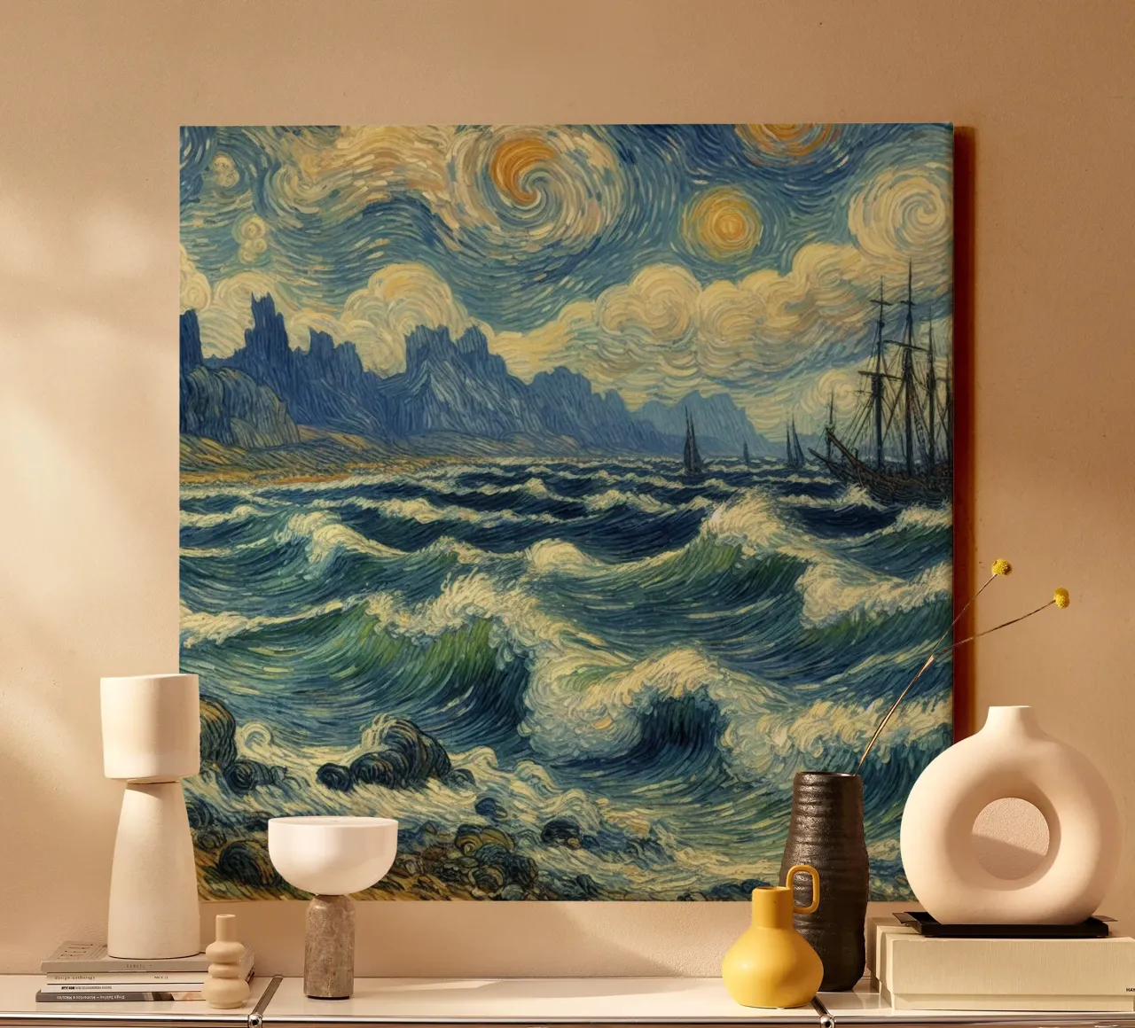 de boot voer op grote golven canvas met Baklijst van Piper Shop Oke