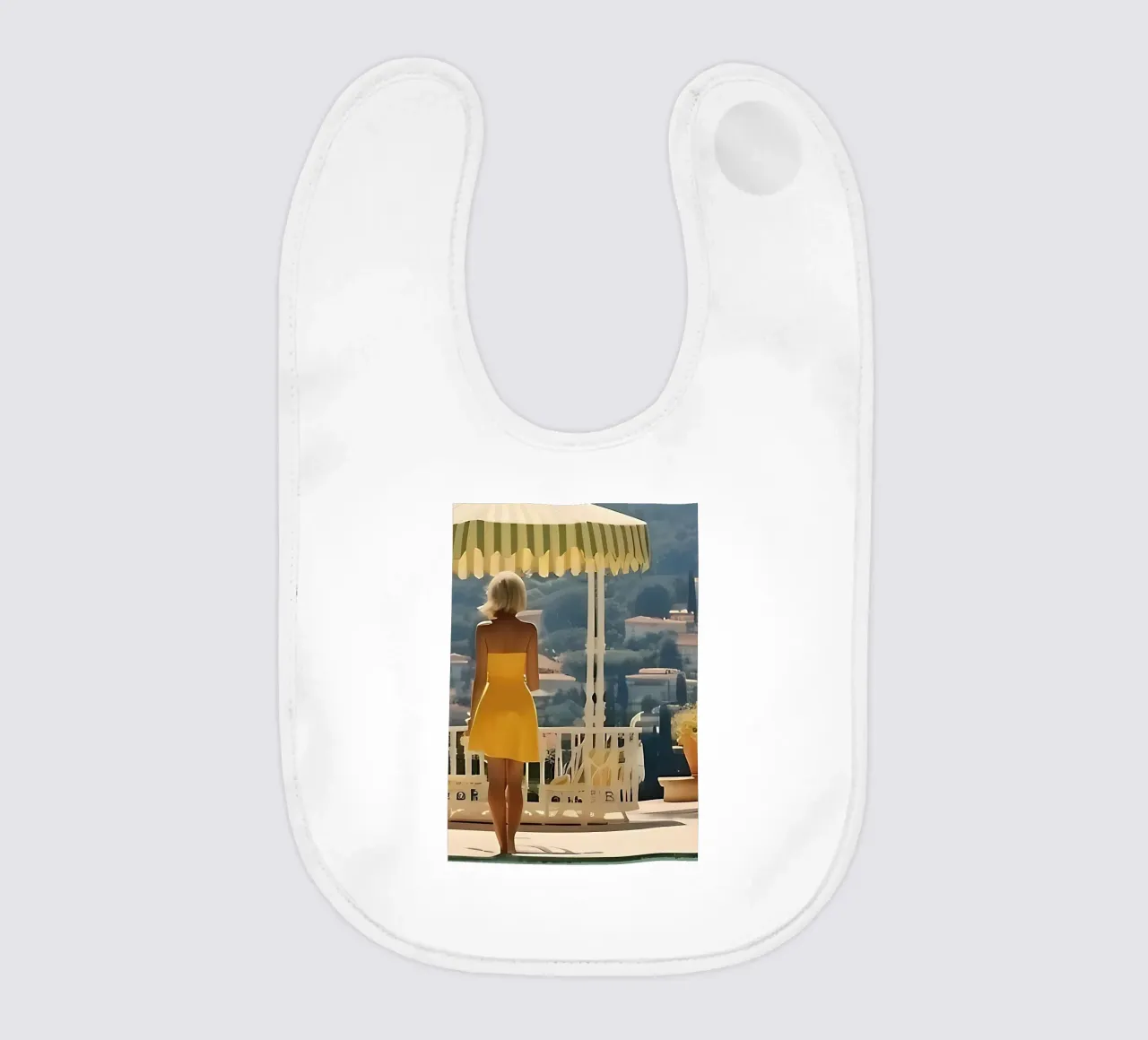 Donna in abito giallo bavaglino da jason shop