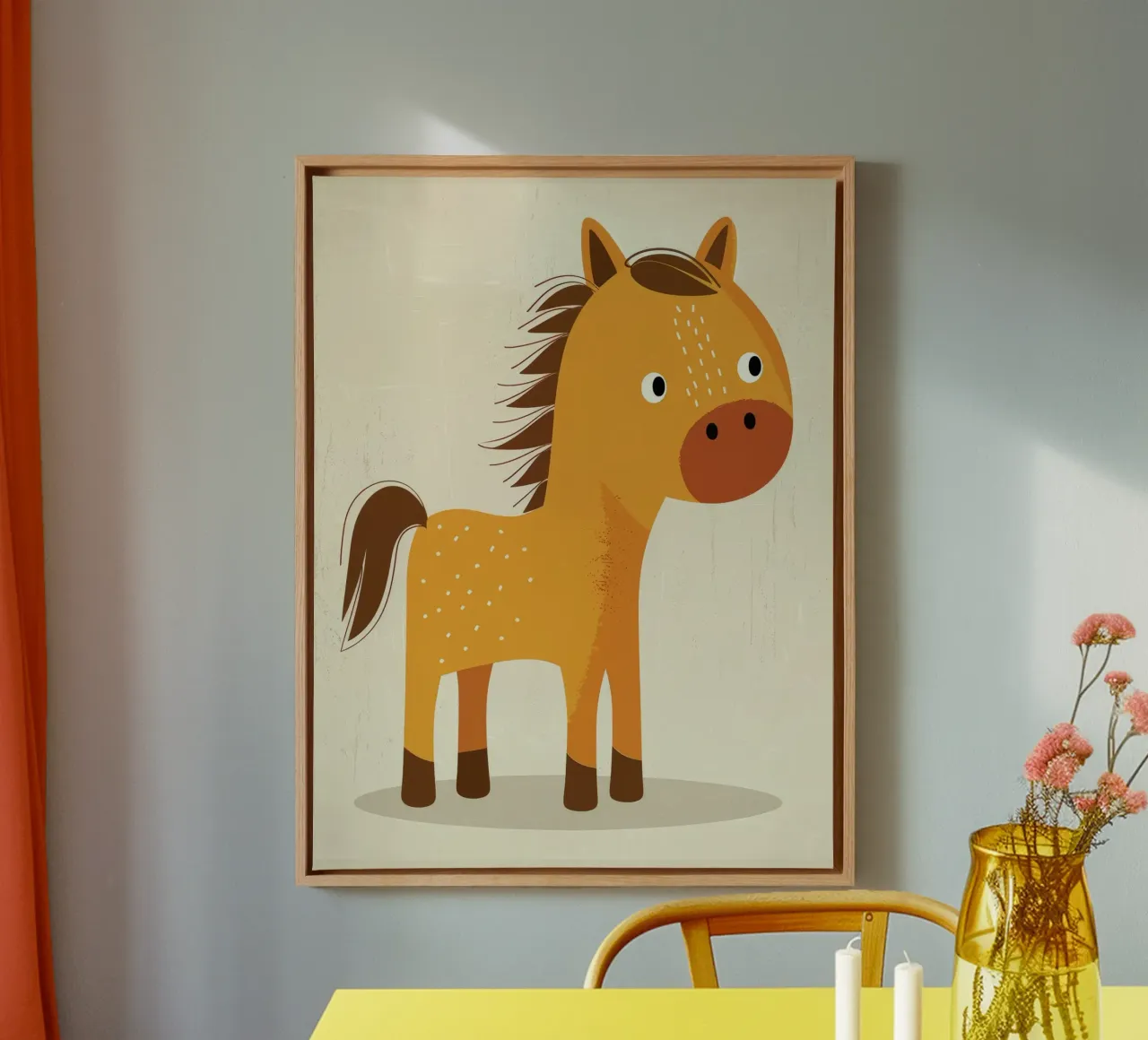Lindo caballo de dibujos animados de pie sobre un fondo claro lienzo con Marco flotante de DesignDoodle