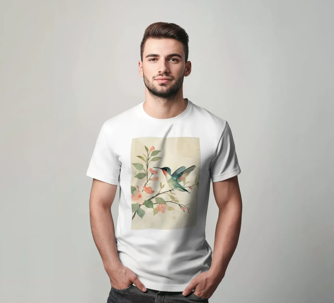 Kolibri auf einem blühenden Zweig mit zartem Rosa T-Shirt von DesignDoodle