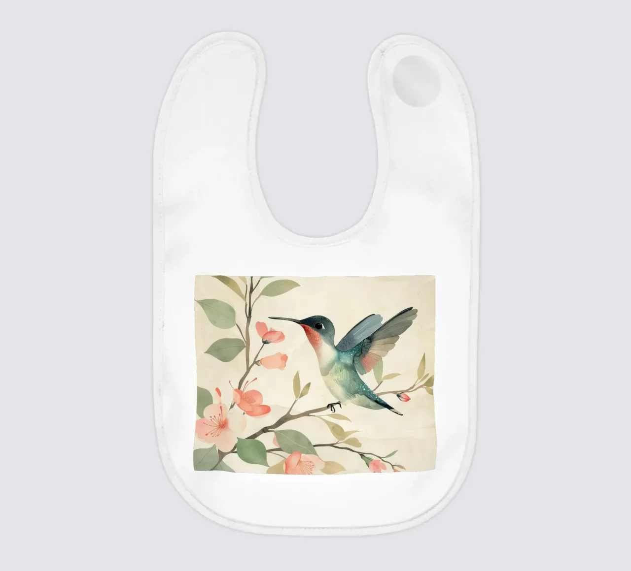 Colibrì appollaiato su un ramo in fiore con una delicata colorazione rosa bavaglino da DesignDoodle