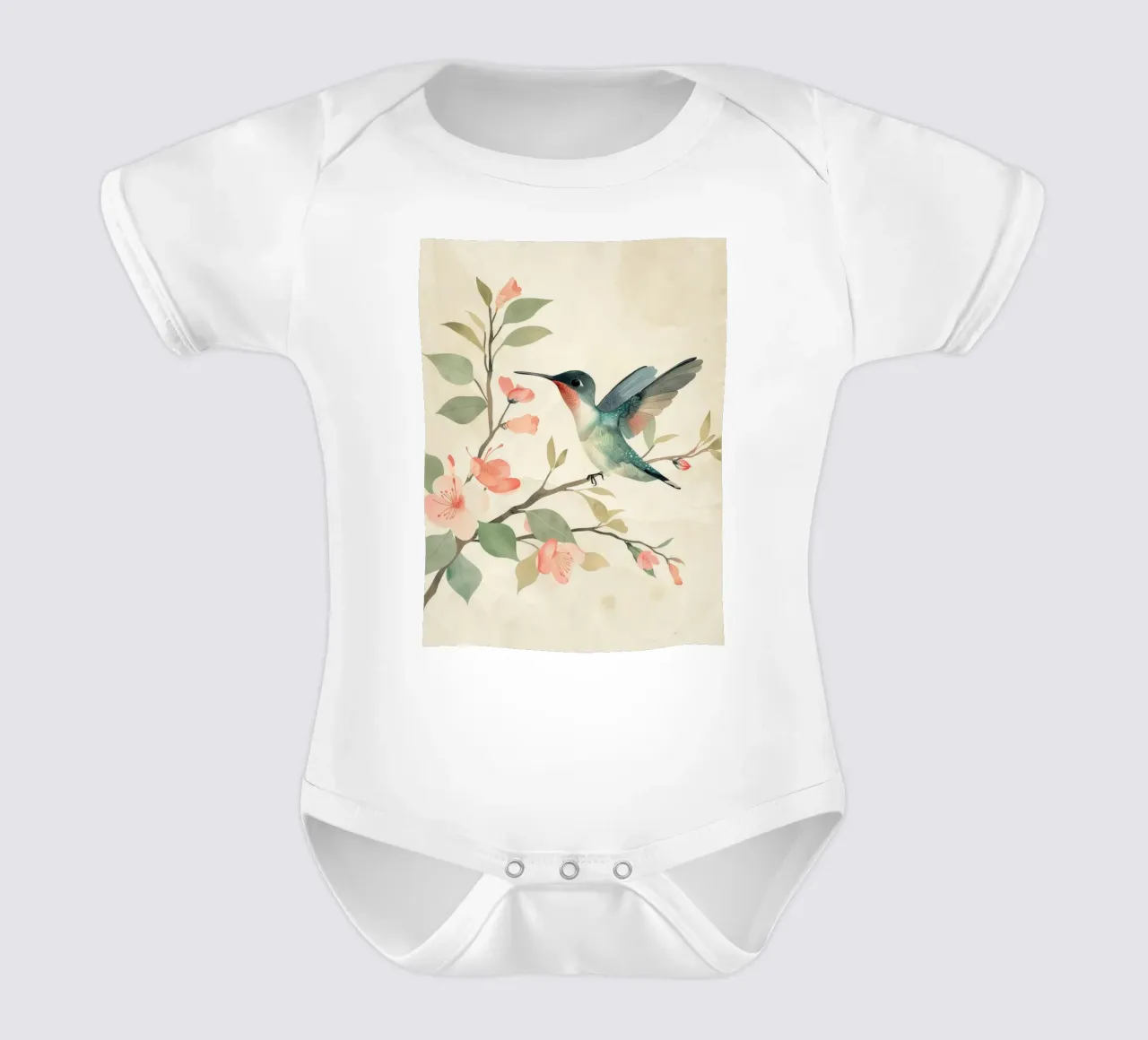 Kolibri auf einem blühenden Zweig mit zartem Rosa Kurzarm Babybody von DesignDoodle