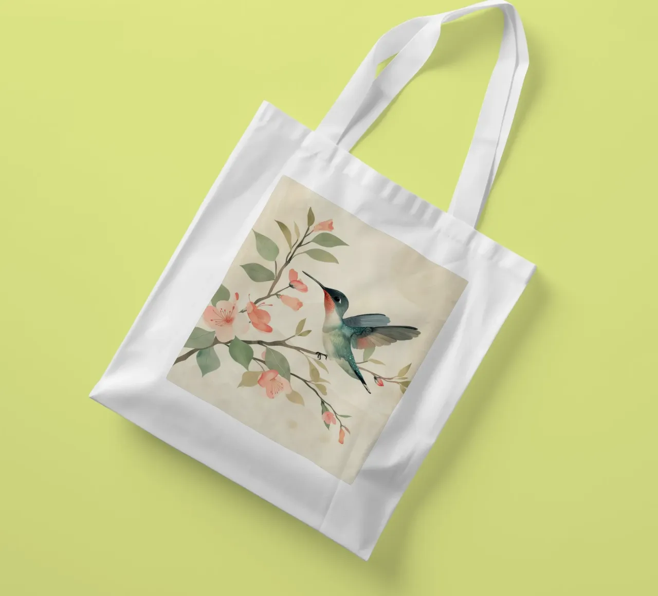 Hummingbird perched on a blooming branch with delicate pink tote bag by DesignDoodle