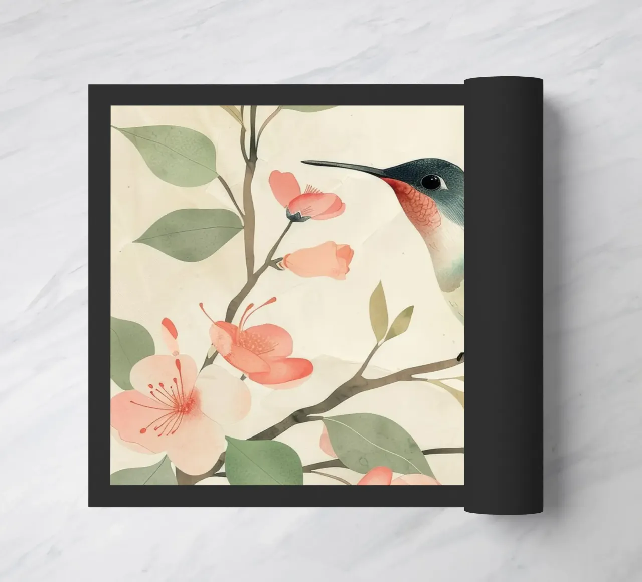 Colibrì appollaiato su un ramo in fiore con una delicata colorazione rosa zerbino da DesignDoodle