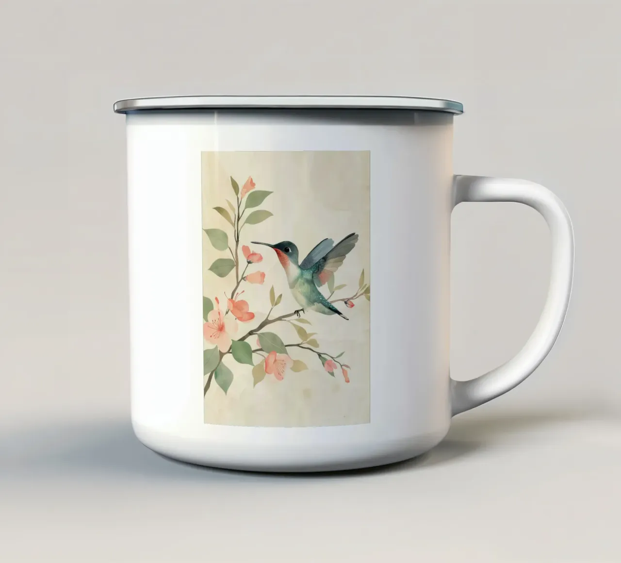 Colibrì appollaiato su un ramo in fiore con una delicata colorazione rosa tazza in smalto da DesignDoodle