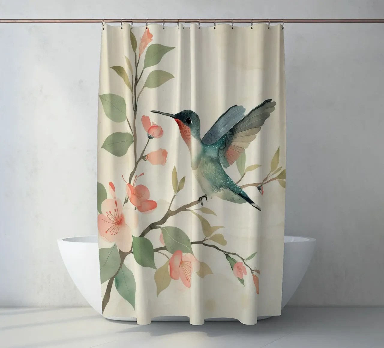 Kolibri auf einem blühenden Zweig mit zartem Rosa Duschvorhang von DesignDoodle