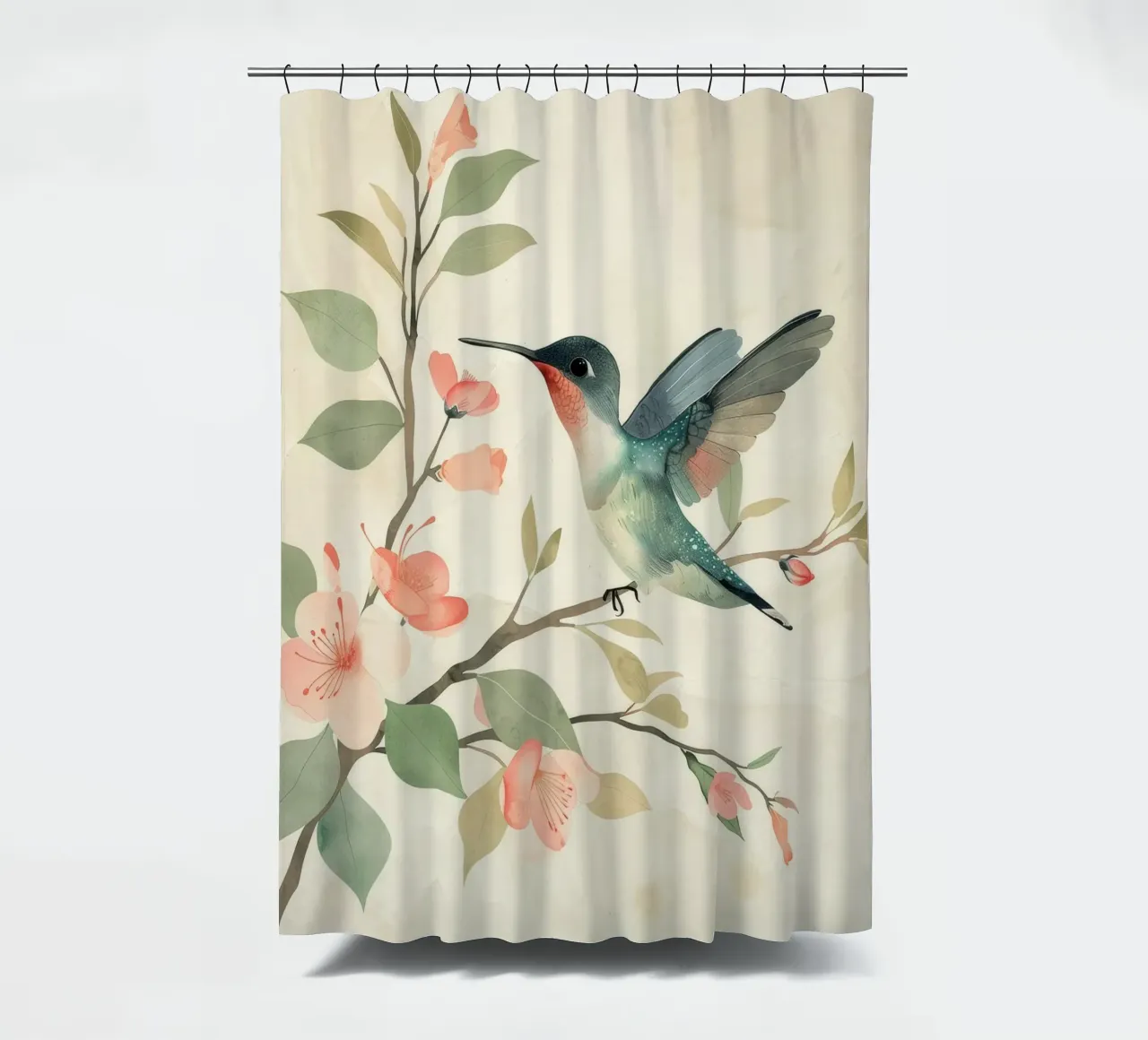 Kolibri auf einem blühenden Zweig mit zartem Rosa Duschvorhang von DesignDoodle