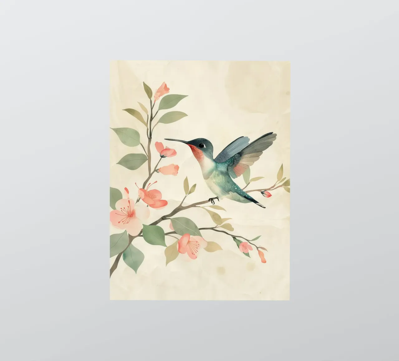Colibrì appollaiato su un ramo in fiore con una delicata colorazione rosa adesivo da DesignDoodle