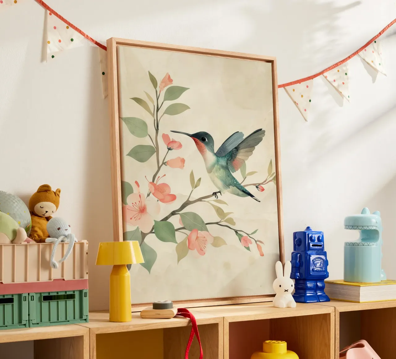 Hummingbird perched on a blooming branch with delicate pink canvas by DesignDoodle