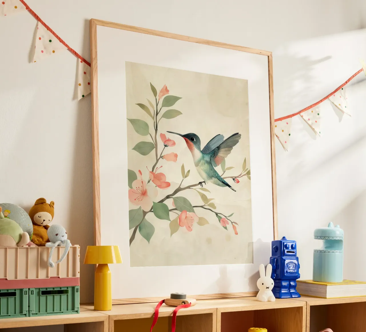 Kolibri auf einem blühenden Zweig mit zartem Rosa Hahnemühle von DesignDoodle