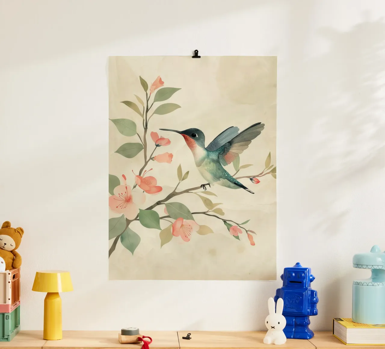 Kolibri auf einem blühenden Zweig mit zartem Rosa Hahnemühle von DesignDoodle
