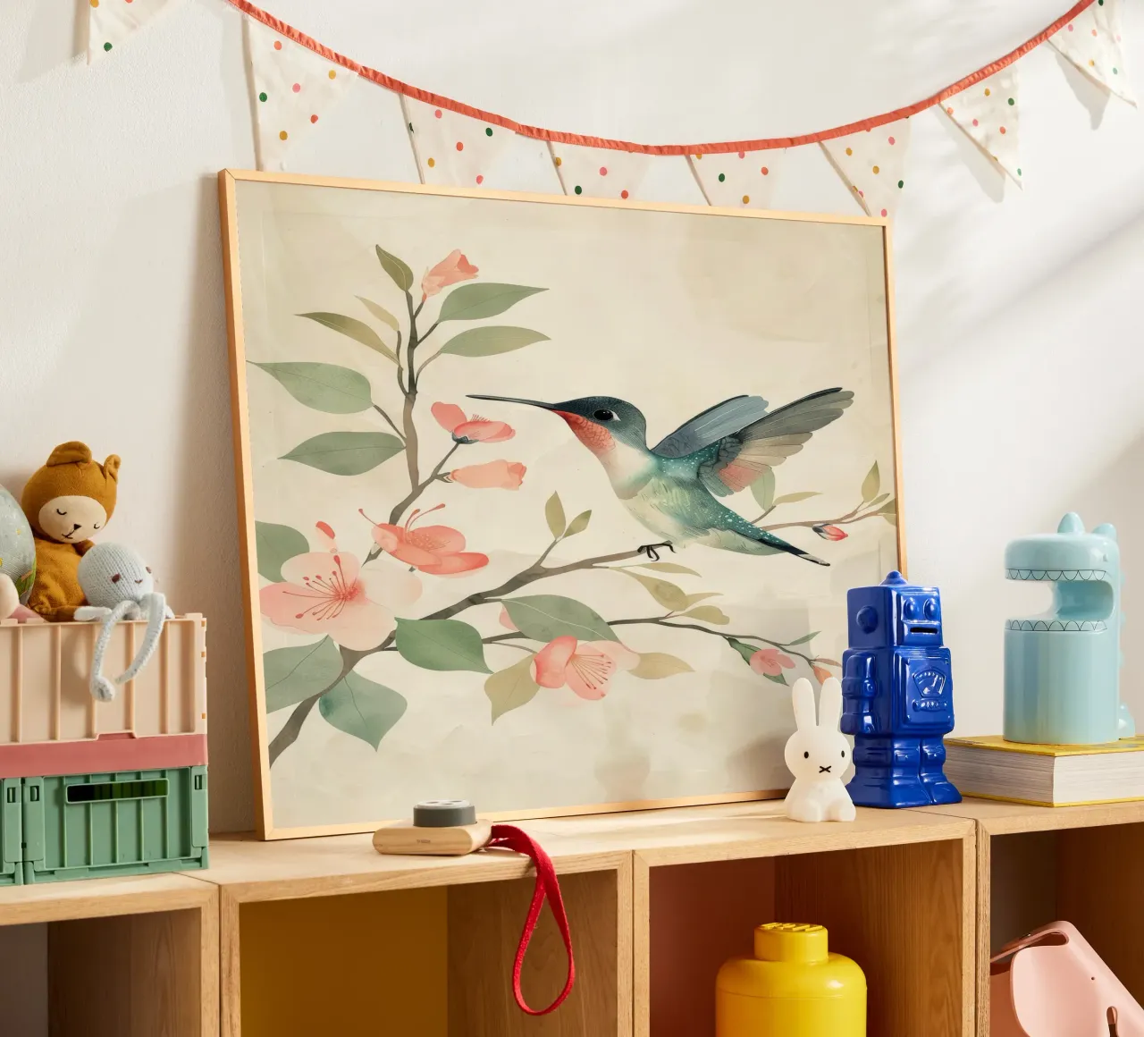 Kolibri auf einem blühenden Zweig mit zartem Rosa Hahnemühle von DesignDoodle
