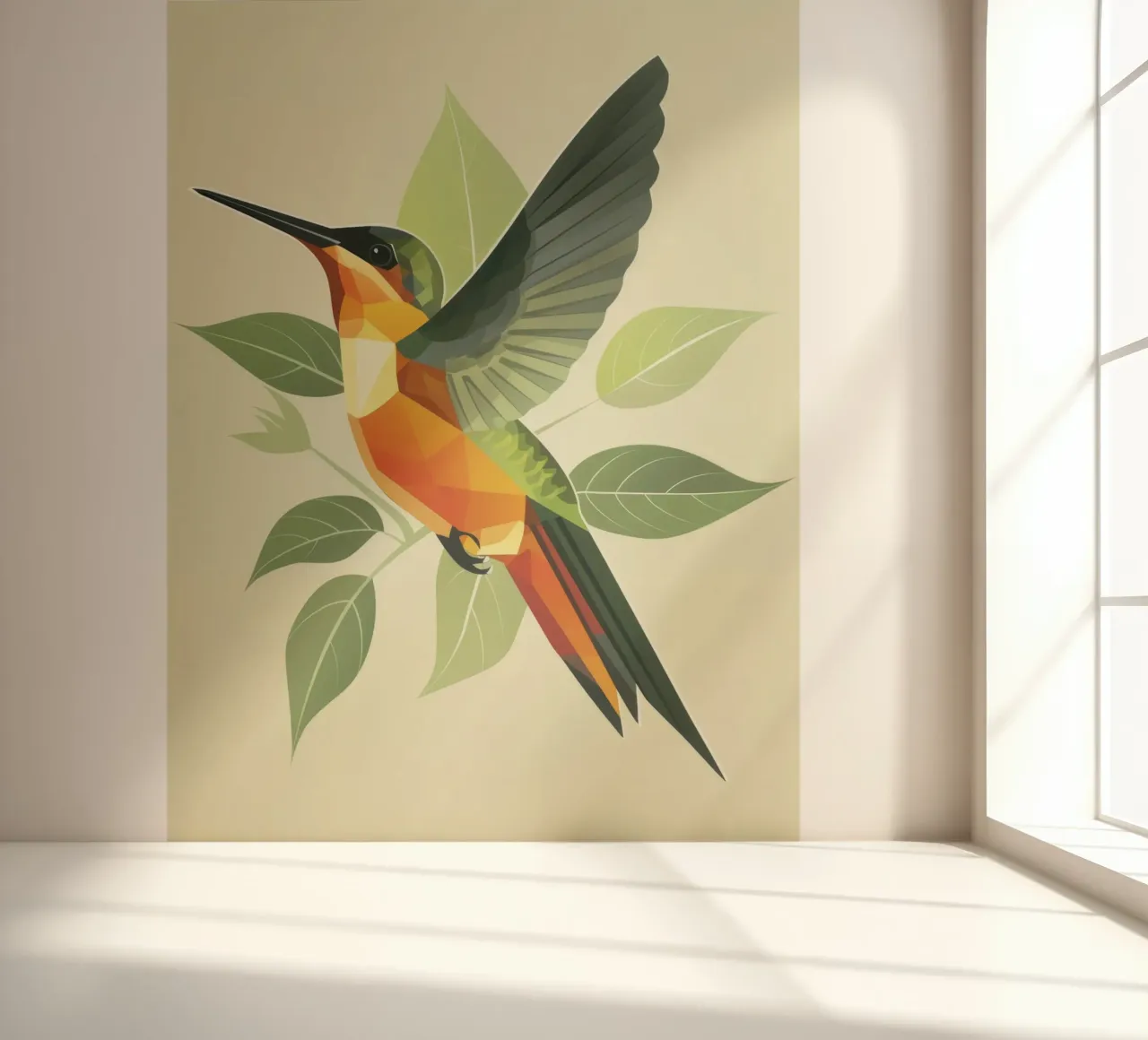hummingbird in mid-flight with green leaves photo wallpaper by DesignDoodle