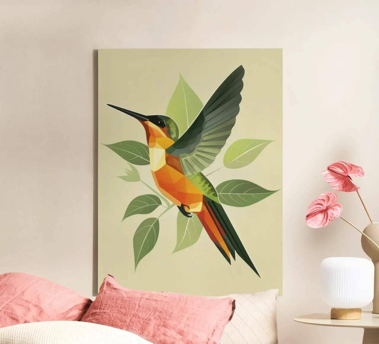hummingbird in mid-flight with green leaves canvas by DesignDoodle