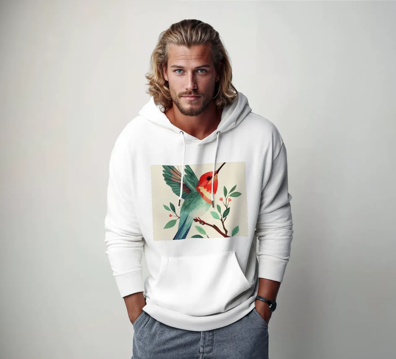 Colibrì colorato appollaiato su un ramo con foglie felpa con cappuccio da DesignDoodle