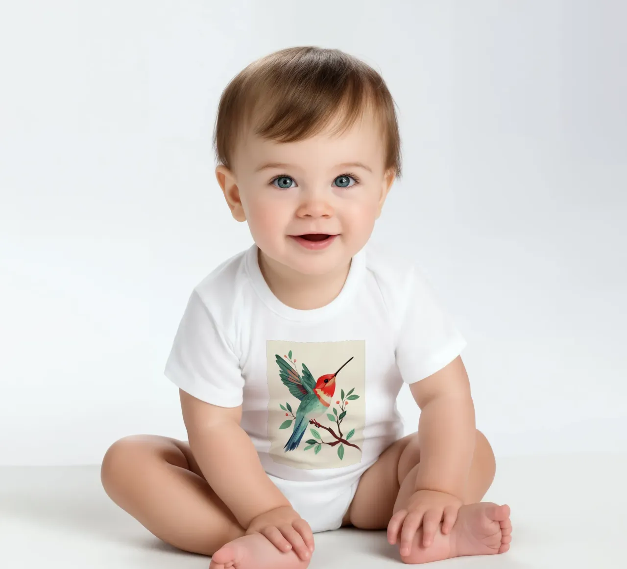 Bunter Kolibri auf einem Zweig mit Blättern sitzend Kurzarm Babybody von DesignDoodle